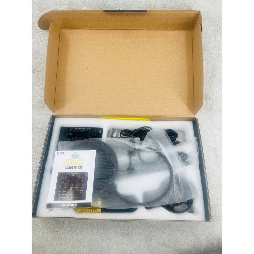 Sarina Podcast Starter Kit Black Gold Condenser Mic V8‎ Mixer Stand NEW